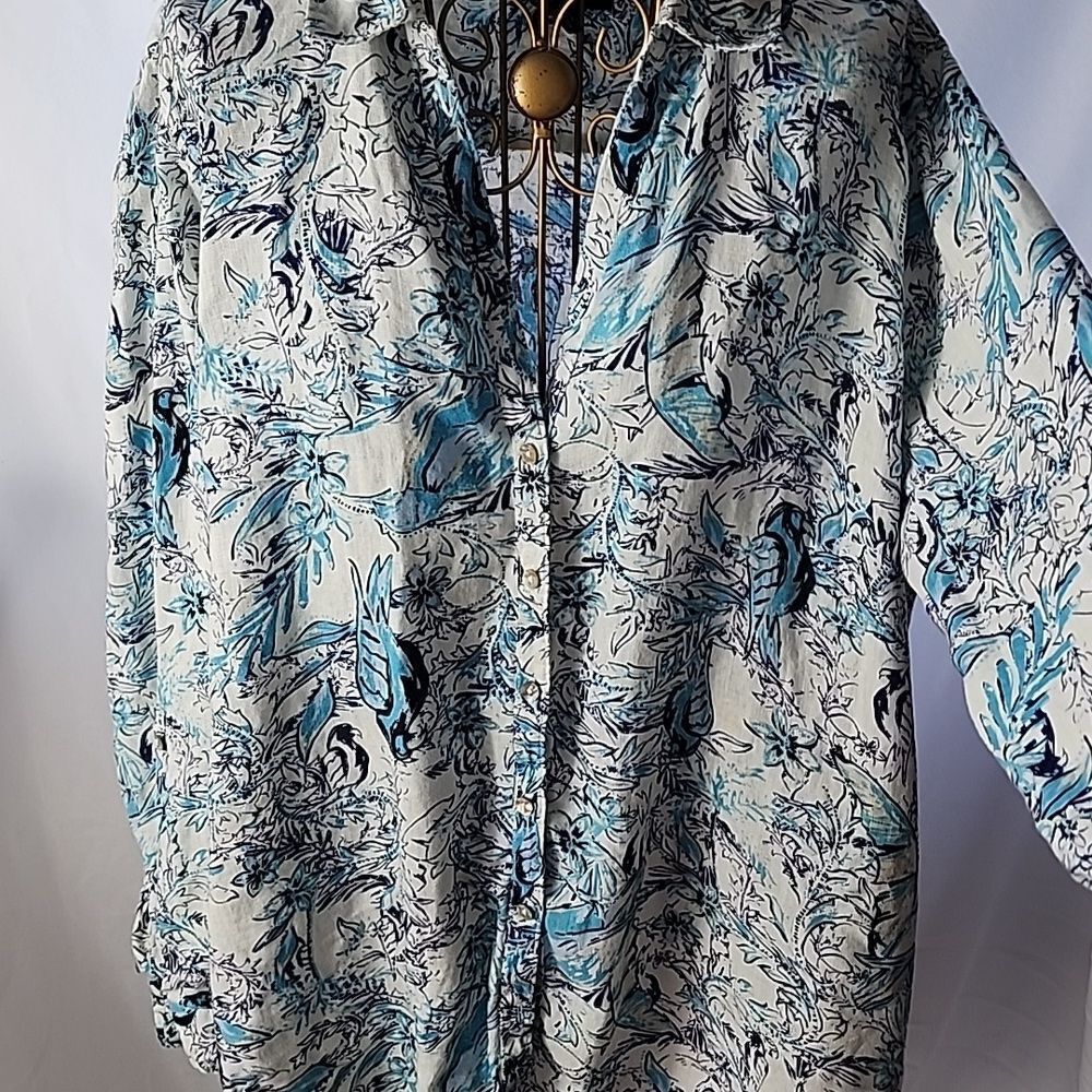 Linen Coastal Button Up Tunic Blouse size L Tahari
